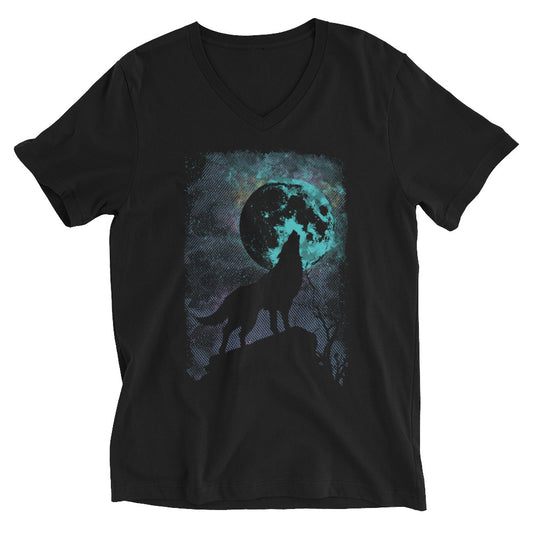 Wolf and Abstract Moon Unisex Short Sleeve V-Neck T-Shirt
